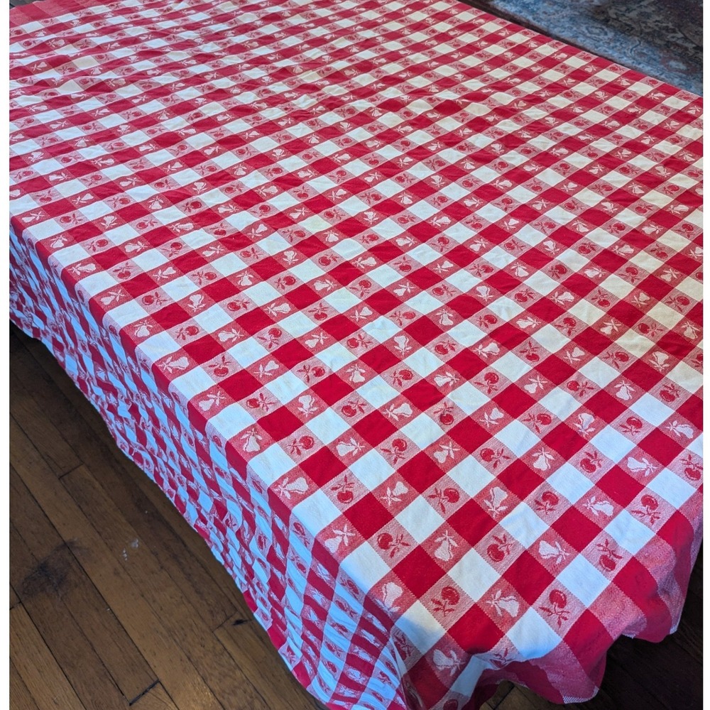 Vtg Tomato Girl MCM Red White Checkered Farmhouse Gingham Tablecloth  31x54
